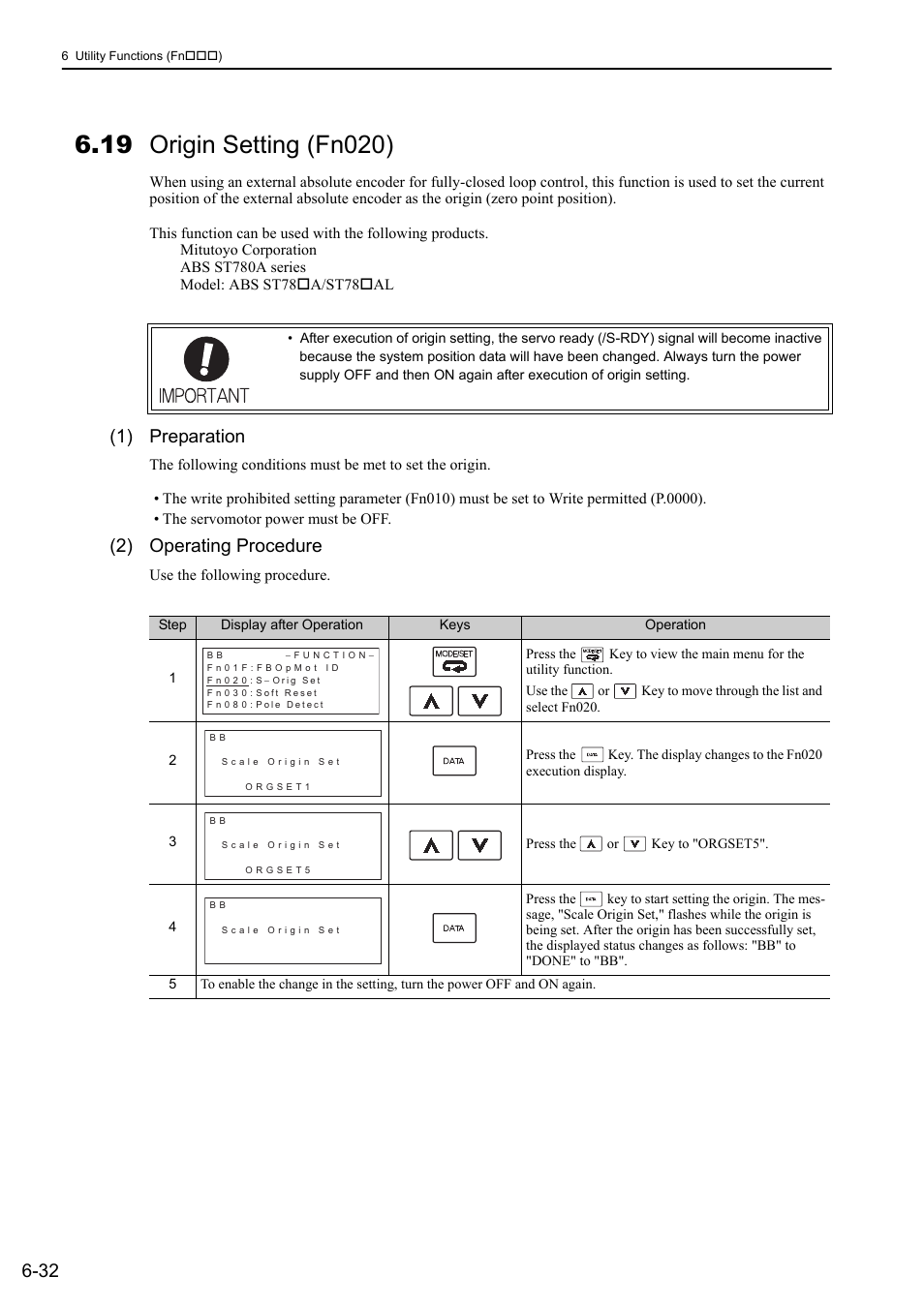 19 origin setting (fn020), 1) preparation, 2) operating procedure | Yaskawa Sigma-5 User Manual: Design and Maintenance - Rotary Motors - MECHATROLINK-II Communications Reference User Manual | Page 259 / 376