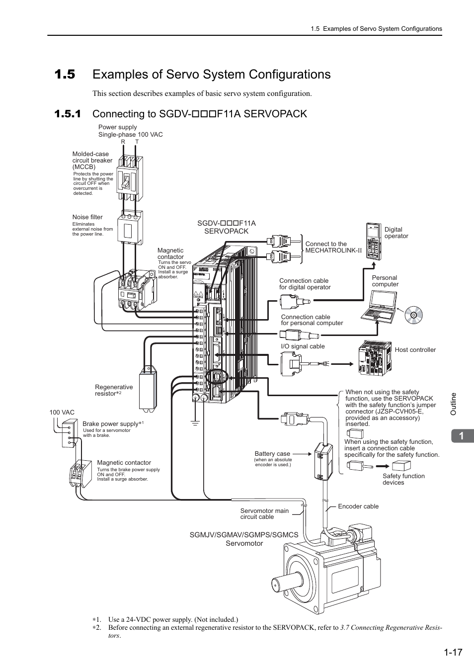 5 examples of servo system configurations, 1 connecting to sgdv-***f11a servopack, 1 connecting to sgdv- f11a servopack | Yaskawa Sigma-5 User Manual: Design and Maintenance - Rotary Motors - MECHATROLINK-II Communications Reference User Manual | Page 37 / 376