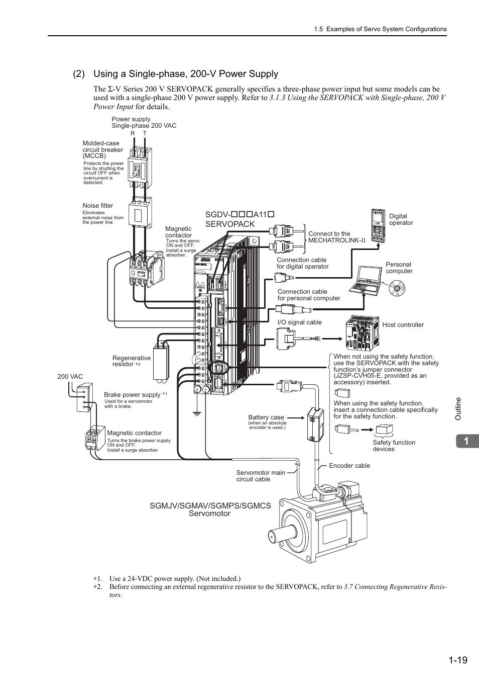 2) using a single-phase, 200-v power supply | Yaskawa Sigma-5 User Manual: Design and Maintenance - Rotary Motors - MECHATROLINK-II Communications Reference User Manual | Page 39 / 376