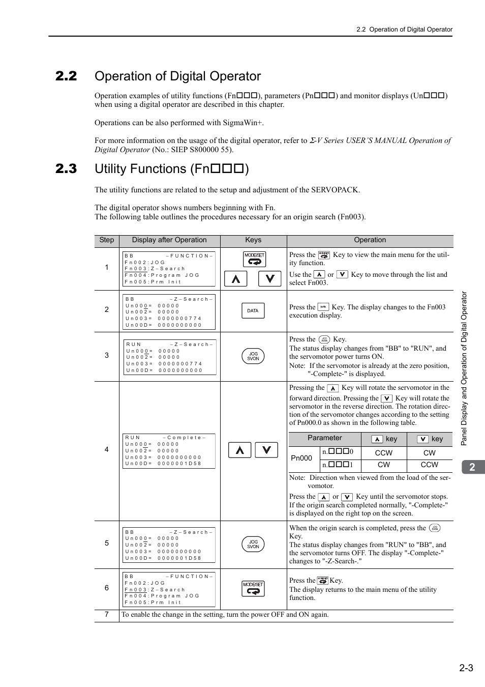 2 operation of digital operator, 3 utility functions (fn***), 3 utility functions (fn ) | Yaskawa Sigma-5 User Manual: Design and Maintenance - Rotary Motors - MECHATROLINK-II Communications Reference User Manual | Page 45 / 376