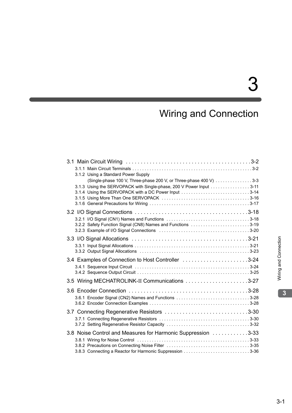 3 wiring and connection, Wiring and connection | Yaskawa Sigma-5 User Manual: Design and Maintenance - Rotary Motors - MECHATROLINK-II Communications Reference User Manual | Page 50 / 376