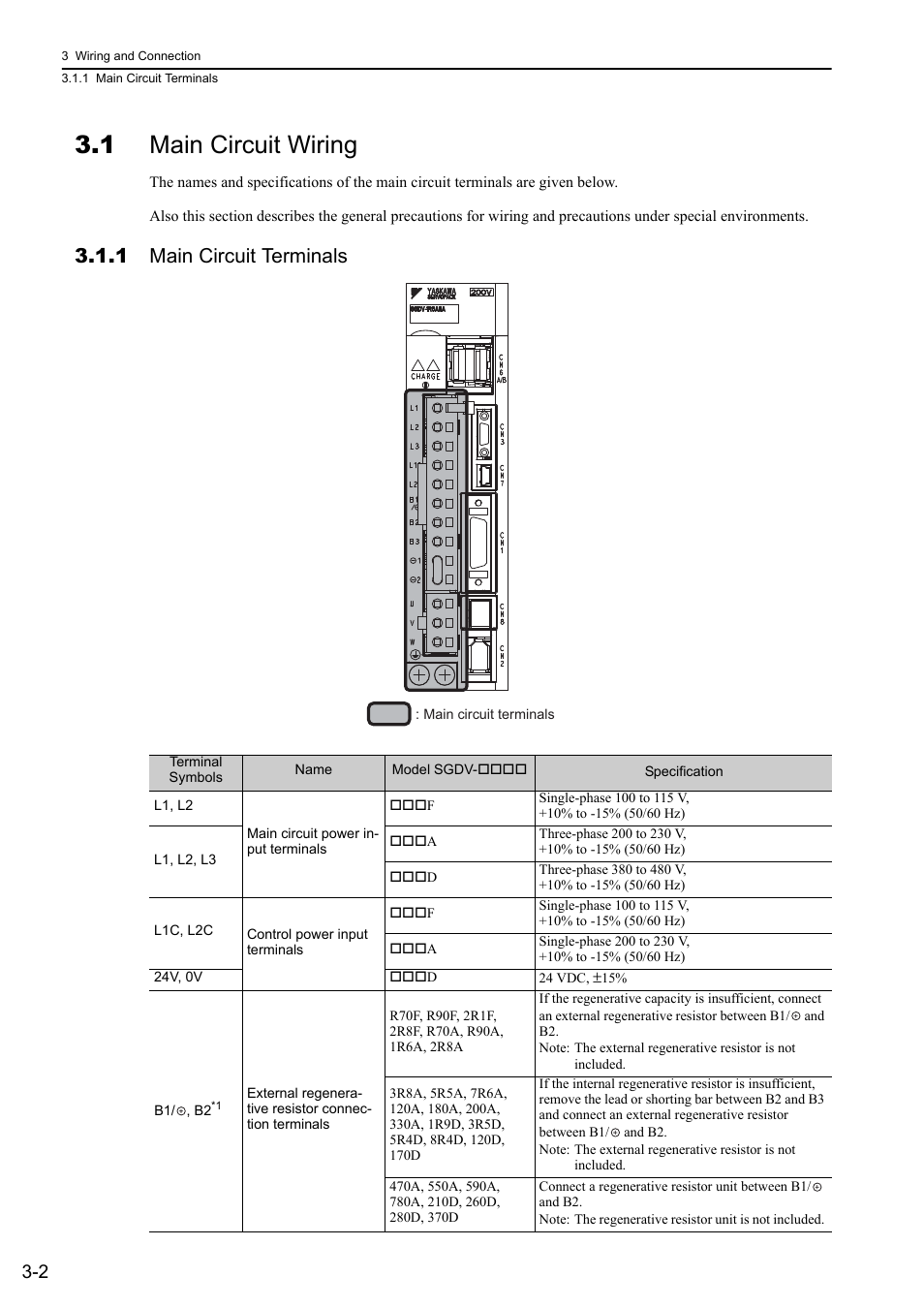 1 main circuit wiring, 1 main circuit terminals | Yaskawa Sigma-5 User Manual: Design and Maintenance - Rotary Motors - MECHATROLINK-II Communications Reference User Manual | Page 51 / 376