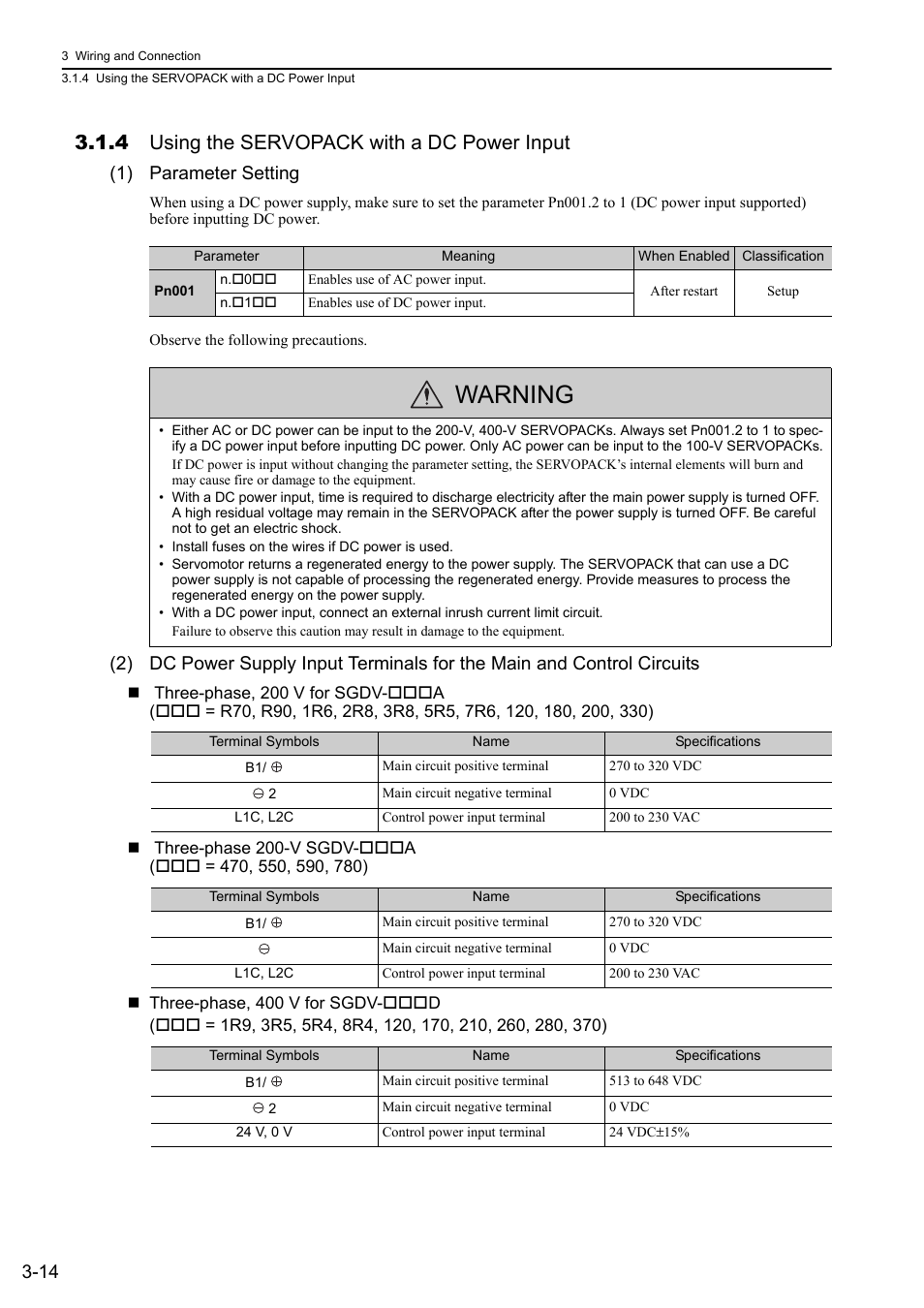 4 using the servopack with a dc power input, Warning, 1) parameter setting | Yaskawa Sigma-5 User Manual: Design and Maintenance - Rotary Motors - MECHATROLINK-II Communications Reference User Manual | Page 63 / 376