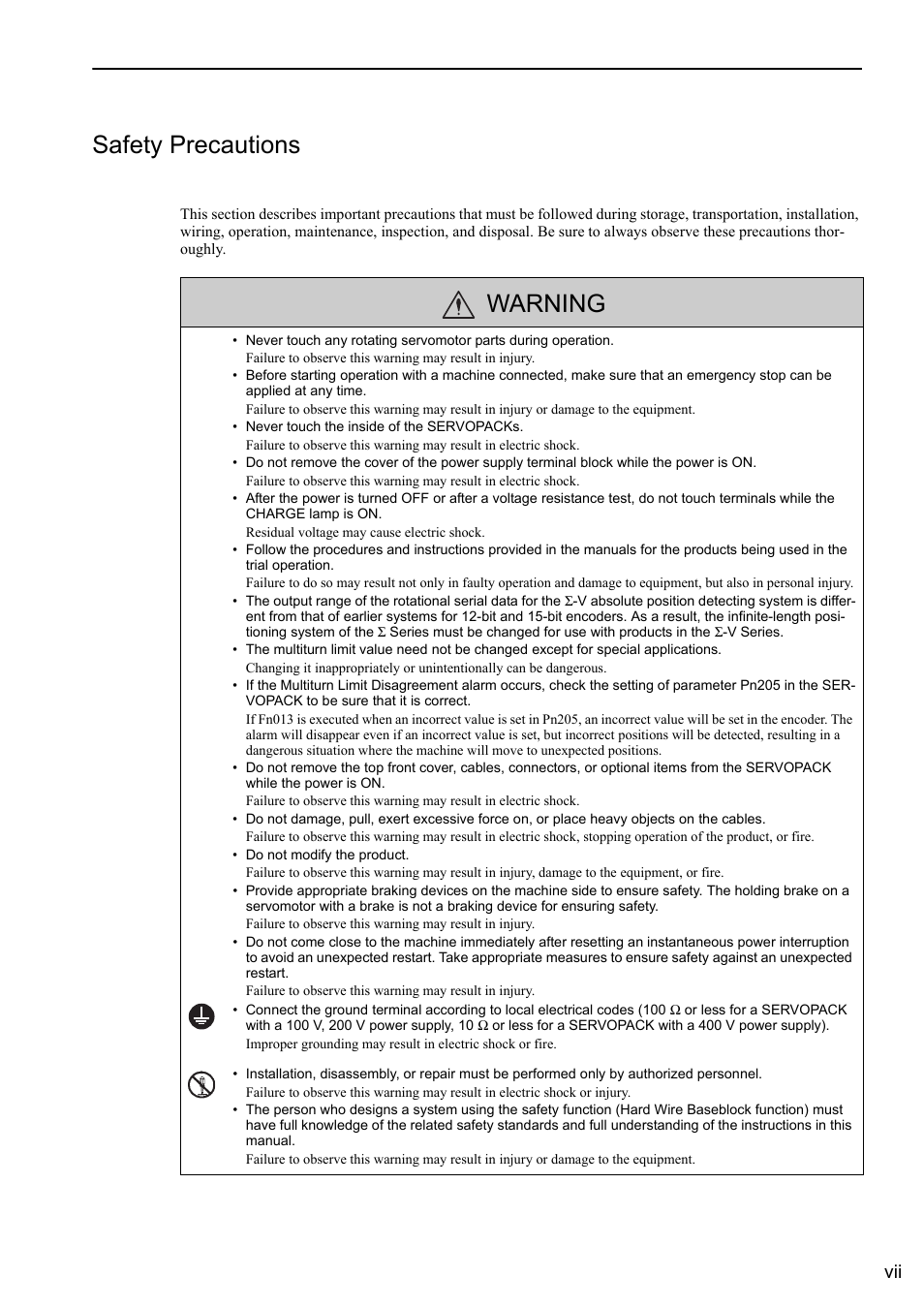 Safety precautions, Warning | Yaskawa Sigma-5 User Manual: Design and Maintenance - Rotary Motors - MECHATROLINK-II Communications Reference User Manual | Page 7 / 376