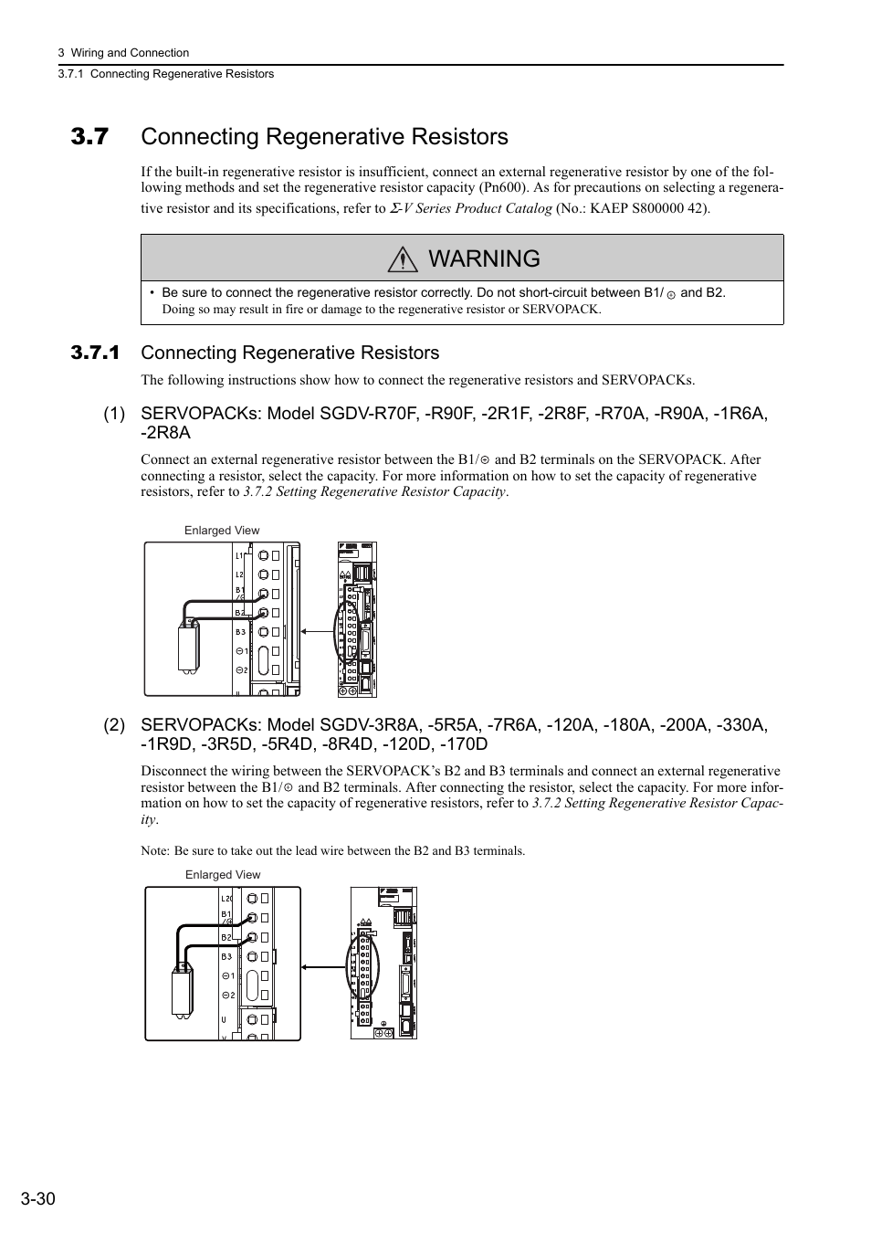 7 connecting regenerative resistors, 1 connecting regenerative resistors, Warning | Yaskawa Sigma-5 User Manual: Design and Maintenance - Rotary Motors - MECHATROLINK-II Communications Reference User Manual | Page 79 / 376