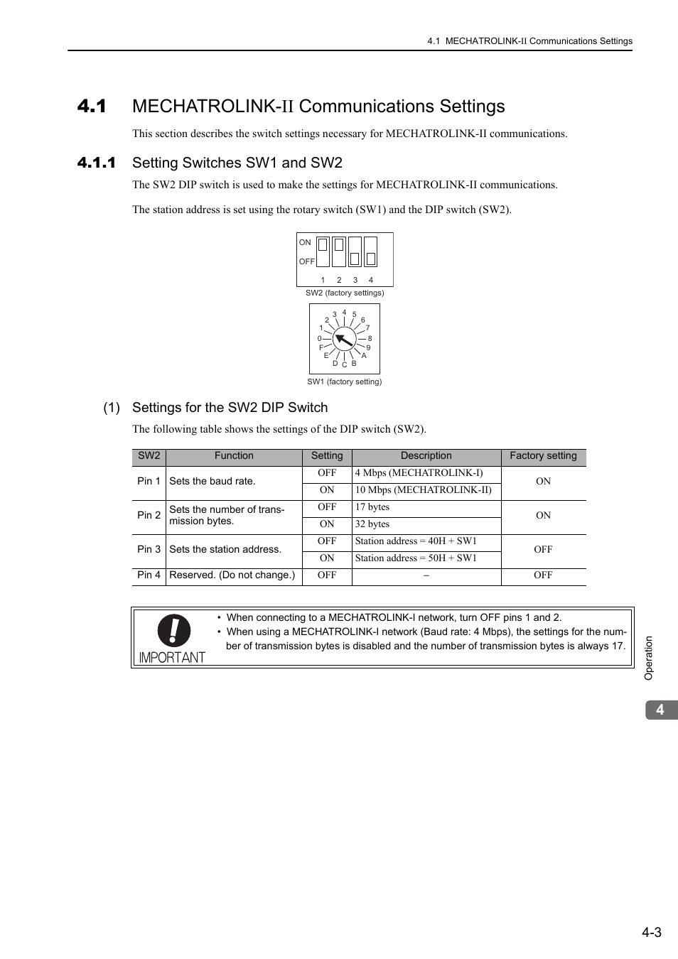1 mechatrolink-ii communications settings, 1 setting switches sw1 and sw2, 1) settings for the sw2 dip switch | M-ii | Yaskawa Sigma-5 User Manual: Design and Maintenance - Rotary Motors - MECHATROLINK-II Communications Reference User Manual | Page 88 / 376