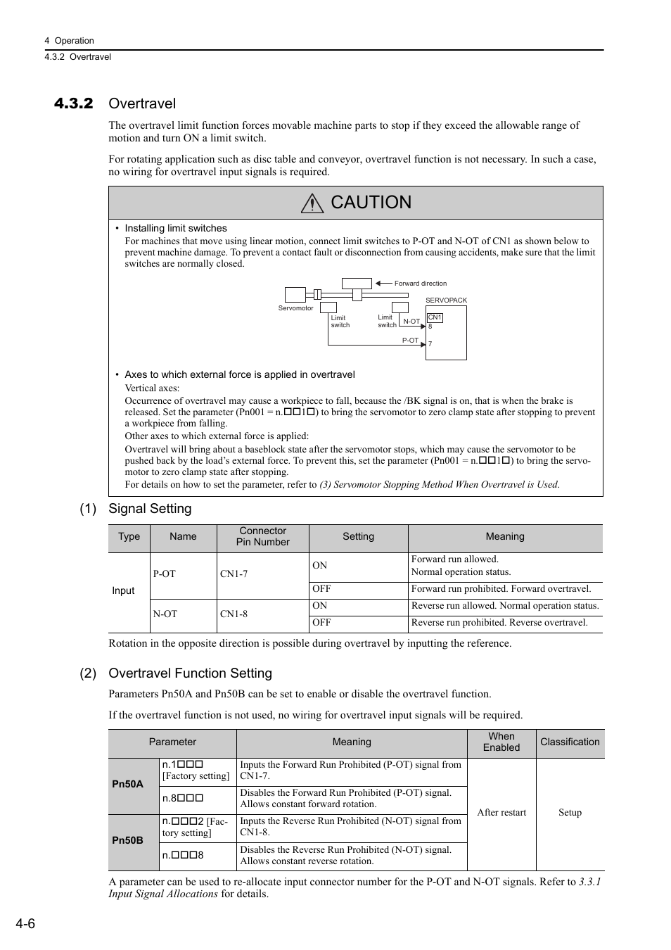 2 overtravel, Caution, 1) signal setting | 2) overtravel function setting, 46 and 64 | Yaskawa Sigma-5 User Manual: Design and Maintenance - Rotary Motors - MECHATROLINK-II Communications Reference User Manual | Page 91 / 376