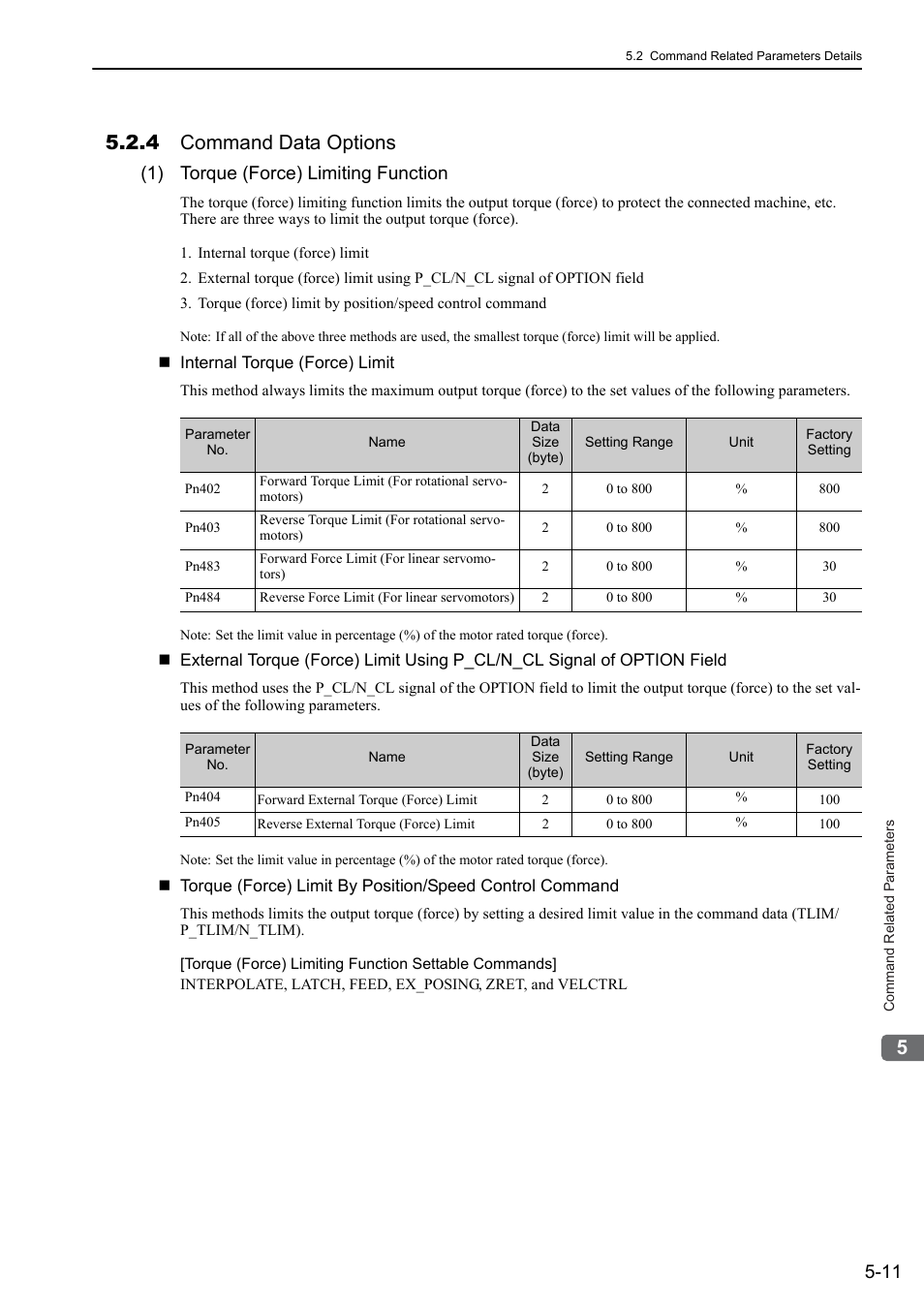 4 command data options, 1) torque (force) limiting function, 4 command data options -11 | 1) torque (force) limiting function -11 | Yaskawa Sigma-5 User Manual: MECHATROLINK-II Commands User Manual | Page 100 / 142
