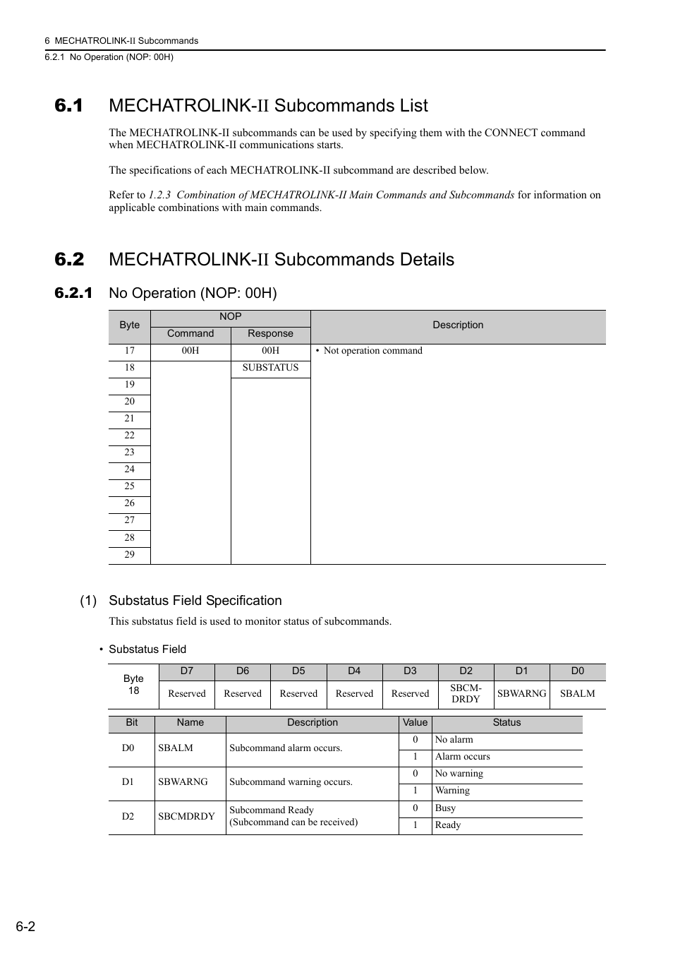 1 mechatrolink-ii subcommands list, 2 mechatrolink-ii subcommands details, 1 no operation (nop: 00h) | 1 mechatrolink, 2 mechatrolink, 1 no operation (nop: 00h) -2, 1 mechatrolink-ii subcommands list -2, 2 mechatrolink-ii subcommands details -2, 1) substatus field specification | Yaskawa Sigma-5 User Manual: MECHATROLINK-II Commands User Manual | Page 115 / 142