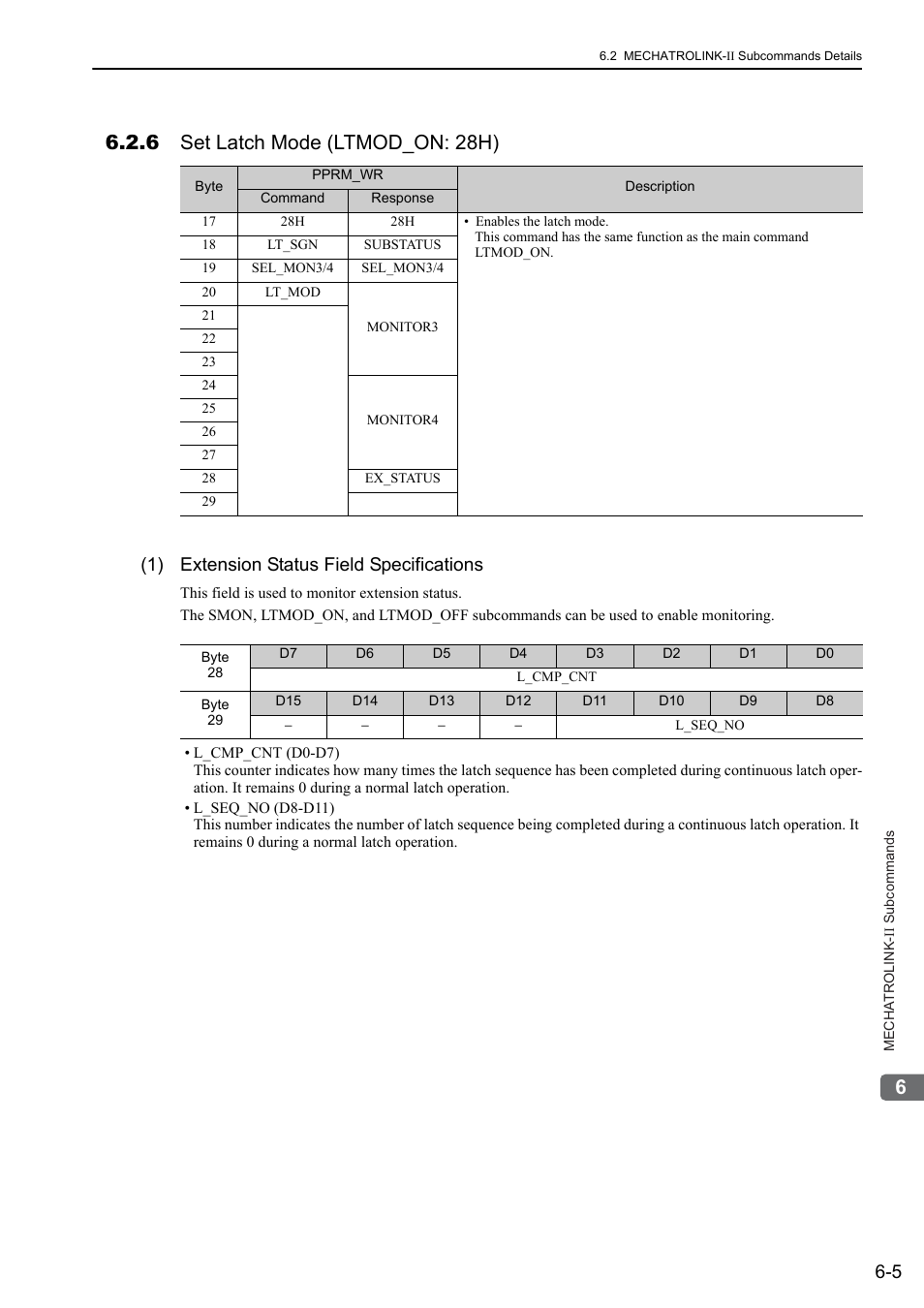 6 set latch mode (ltmod_on: 28h), 6 set latch mode (ltmod_on: 28h) -5, 1) extension status field specifications | Yaskawa Sigma-5 User Manual: MECHATROLINK-II Commands User Manual | Page 118 / 142