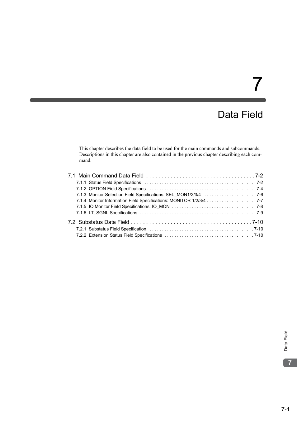 7 data field, Chapter 7 data field -1, Data field | Yaskawa Sigma-5 User Manual: MECHATROLINK-II Commands User Manual | Page 120 / 142