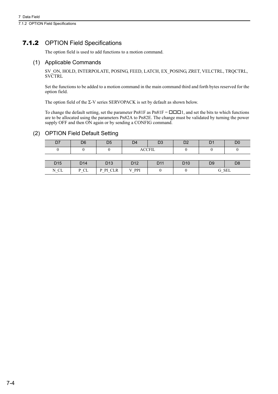 2 option field specifications, 2 option field specifications -4, 1) applicable commands | 2) option field default setting | Yaskawa Sigma-5 User Manual: MECHATROLINK-II Commands User Manual | Page 123 / 142