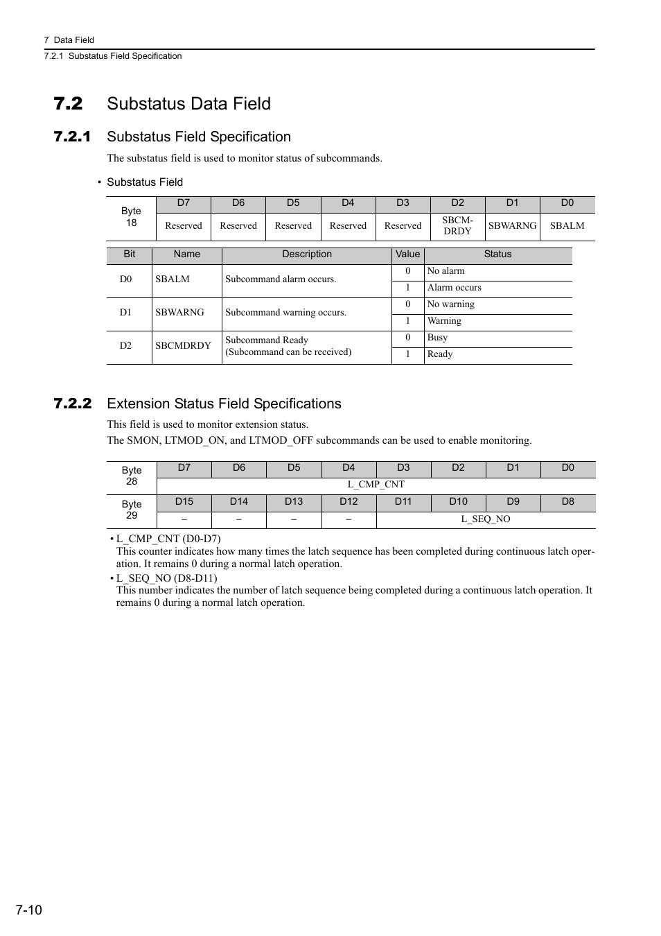 2 substatus data field, 1 substatus field specification, 2 extension status field specifications | 2 substatus data field -10 | Yaskawa Sigma-5 User Manual: MECHATROLINK-II Commands User Manual | Page 129 / 142