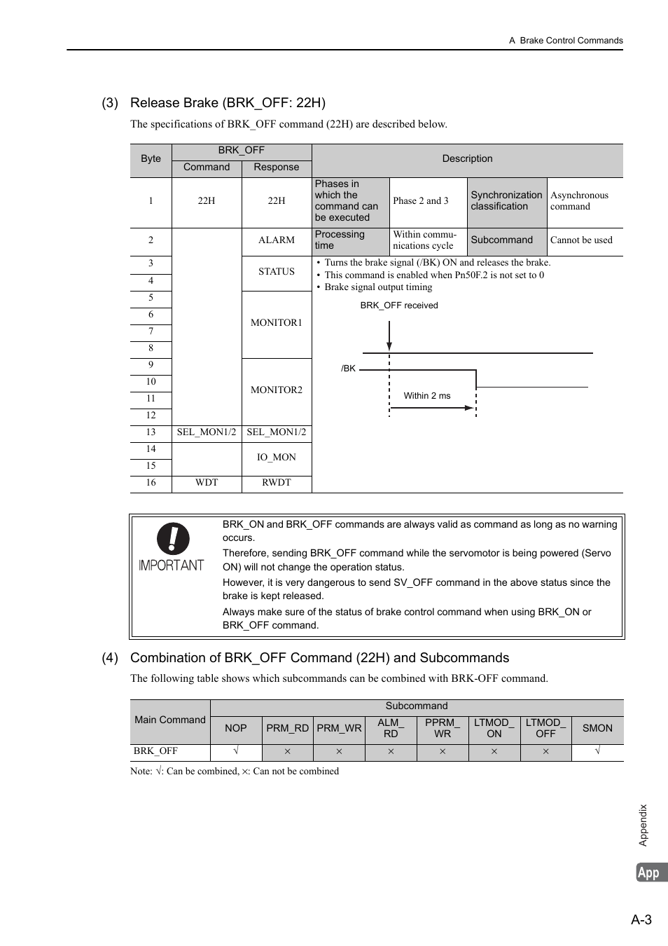 3) release brake (brk_off: 22h) | Yaskawa Sigma-5 User Manual: MECHATROLINK-II Commands User Manual | Page 138 / 142