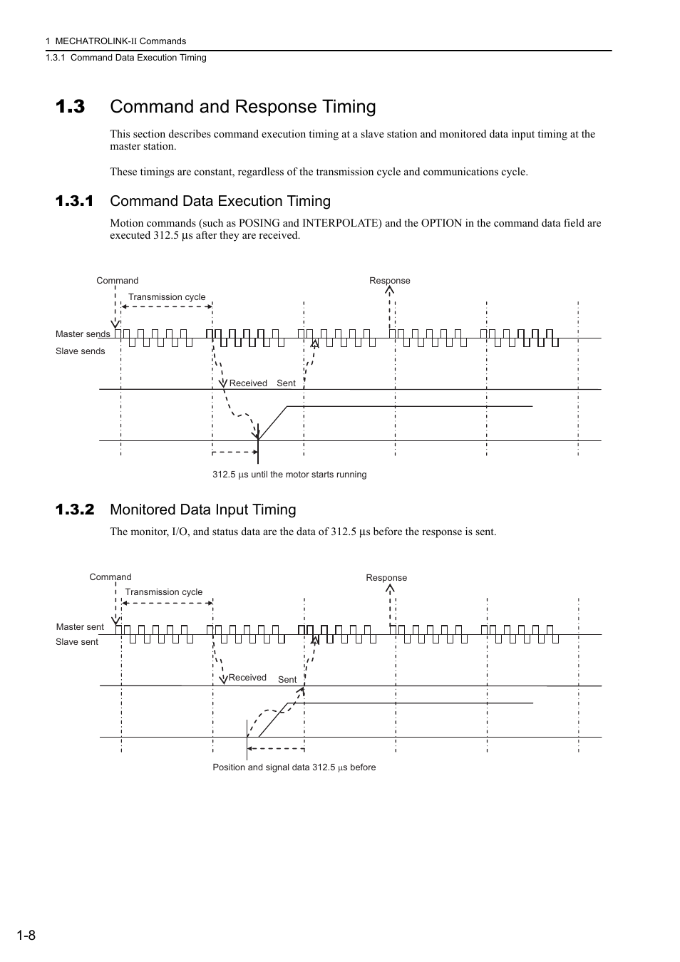 3 command and response timing, 1 command data execution timing, 2 monitored data input timing | 3 command and response timing -8 | Yaskawa Sigma-5 User Manual: MECHATROLINK-II Commands User Manual | Page 16 / 142
