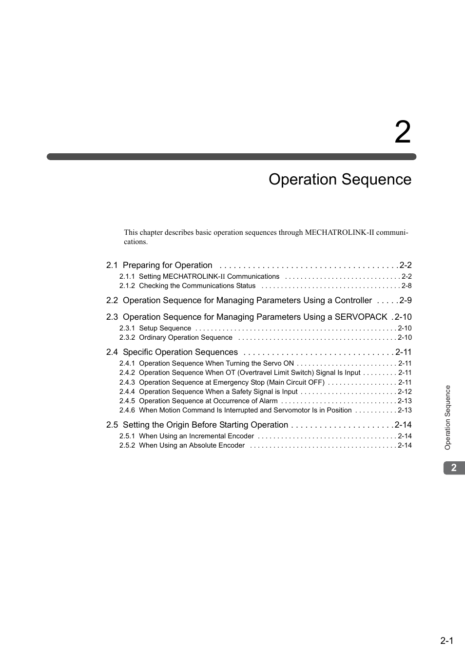 2 operation sequence, Chapter 2 operation sequence -1, Operation sequence | Yaskawa Sigma-5 User Manual: MECHATROLINK-II Commands User Manual | Page 18 / 142