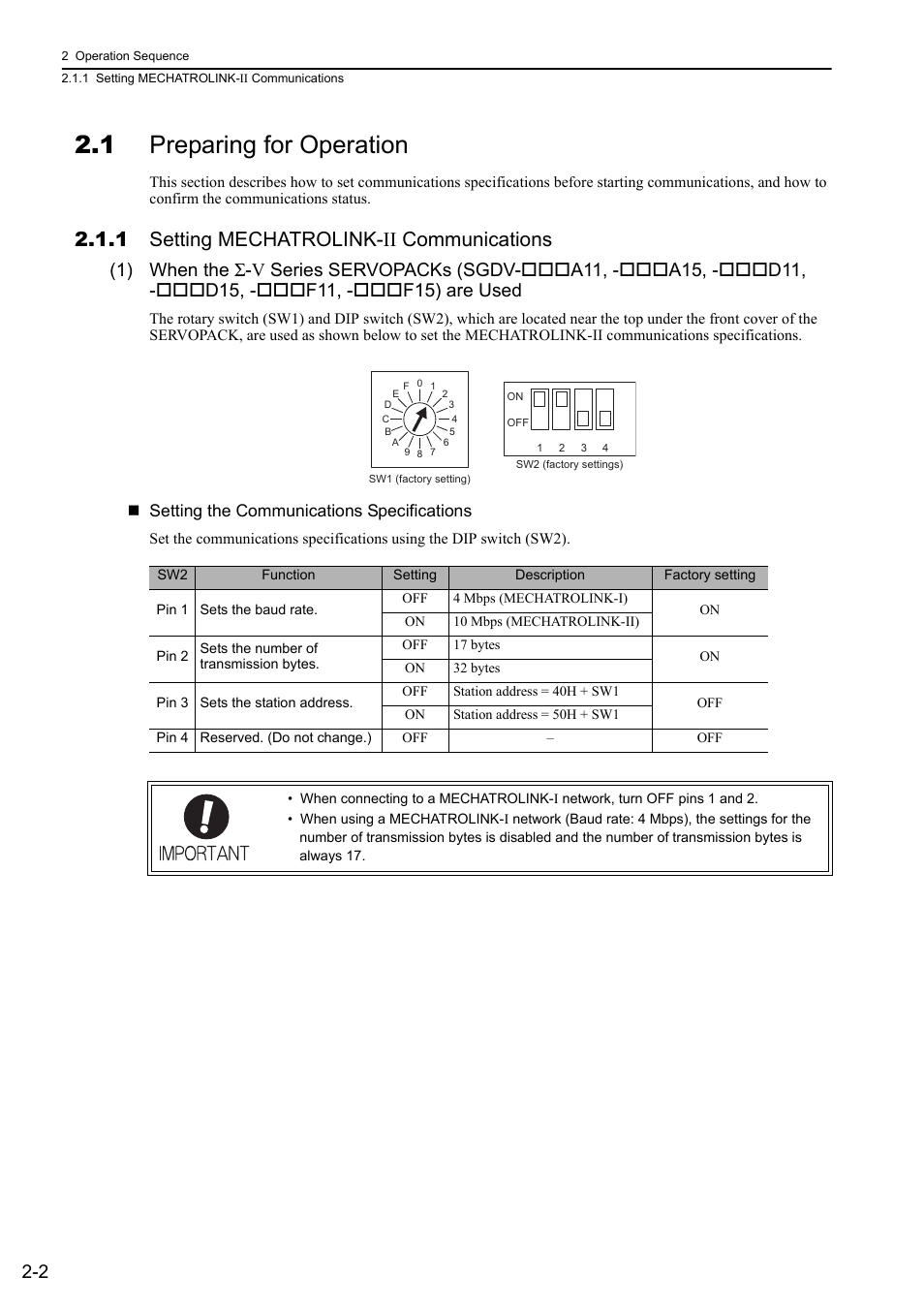 1 preparing for operation, 1 setting mechatrolink-ii communications, 1 preparing for operation -2 | 1 setting mechatrolink-ii, 1 setting mechatrolink-ii communications -2, Setting the communications specifications | Yaskawa Sigma-5 User Manual: MECHATROLINK-II Commands User Manual | Page 19 / 142