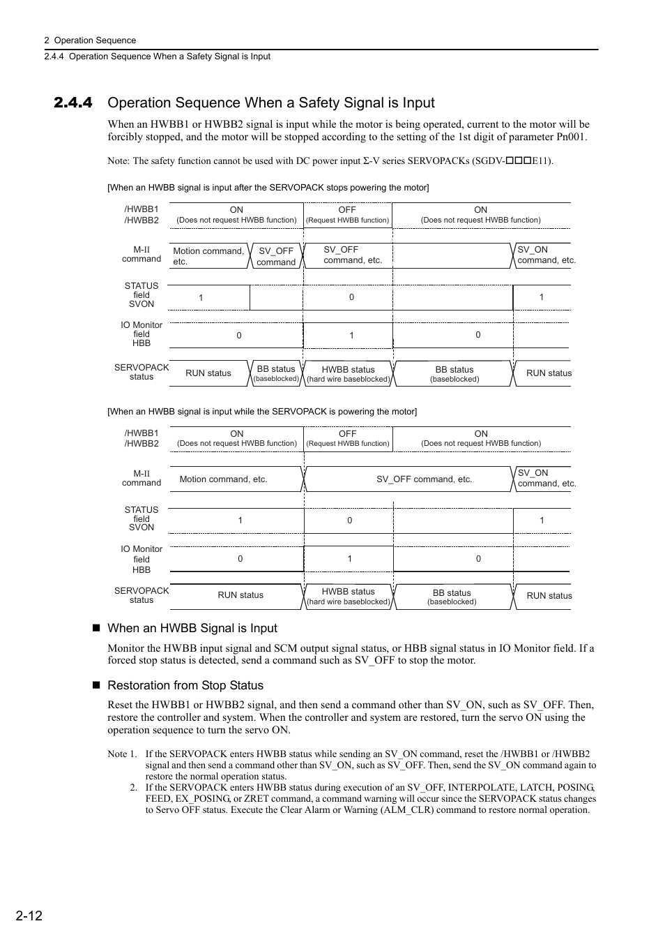 4 operation sequence when a safety signal is input, When an hwbb signal is input, Restoration from stop status | Yaskawa Sigma-5 User Manual: MECHATROLINK-II Commands User Manual | Page 29 / 142