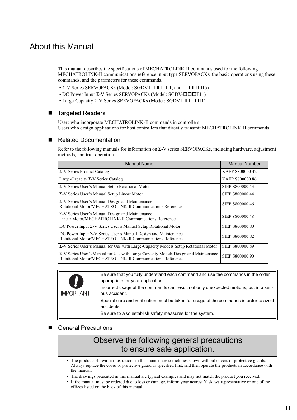 About this manual, Targeted readers, Related documentation | General precautions | Yaskawa Sigma-5 User Manual: MECHATROLINK-II Commands User Manual | Page 3 / 142