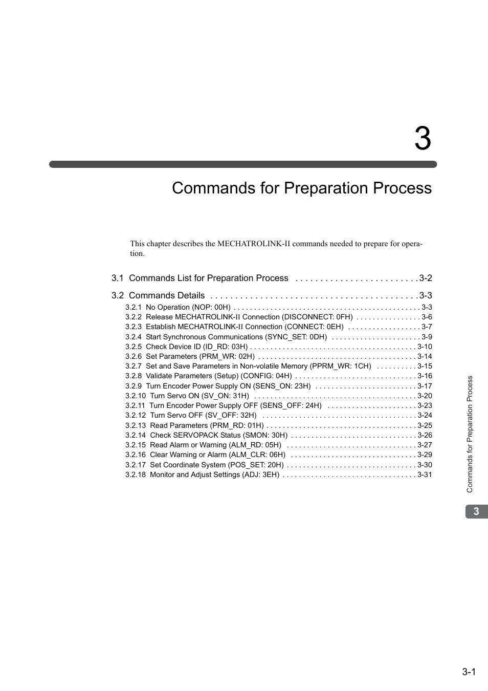 3 commands for preparation process, Chapter 3 commands for preparation process -1, Commands for preparation process | Yaskawa Sigma-5 User Manual: MECHATROLINK-II Commands User Manual | Page 32 / 142