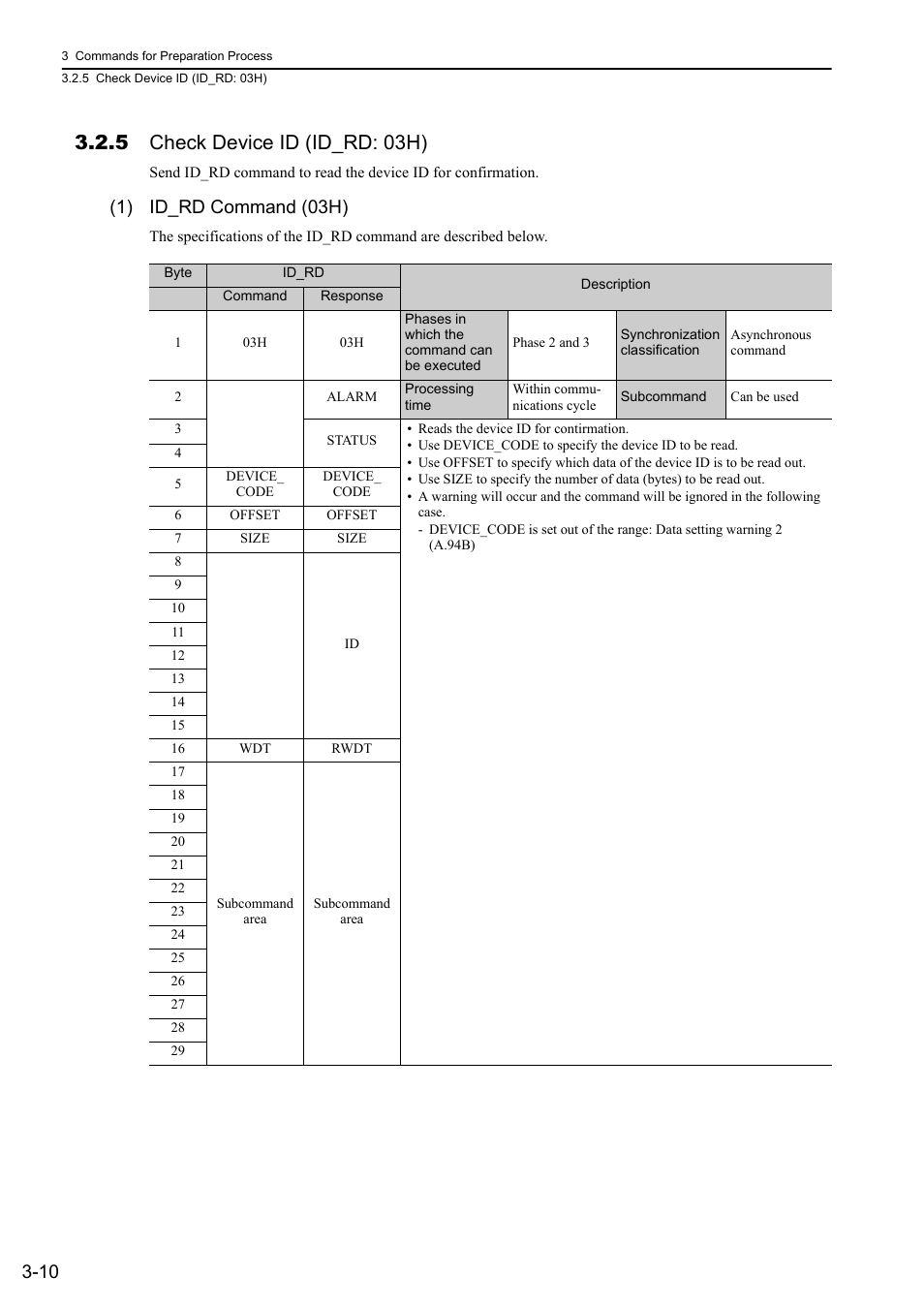 5 check device id (id_rd: 03h), 5 check device id (id_rd: 03h) -10, 1) id_rd command (03h) | Yaskawa Sigma-5 User Manual: MECHATROLINK-II Commands User Manual | Page 41 / 142