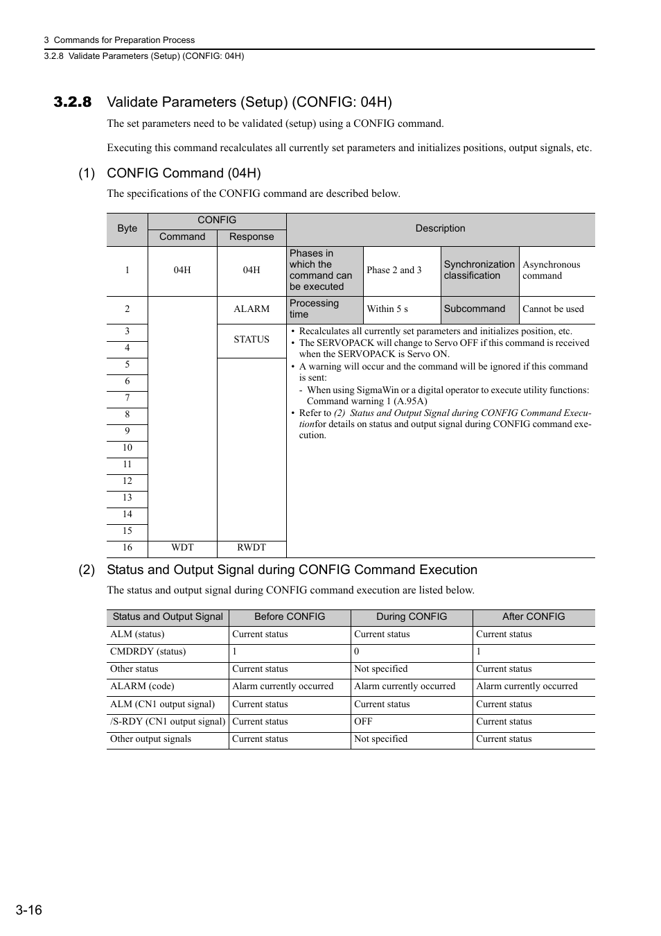 8 validate parameters (setup) (config: 04h), 8 validate parameters (setup) (config: 04h) -16, 1) config command (04h) | Yaskawa Sigma-5 User Manual: MECHATROLINK-II Commands User Manual | Page 47 / 142