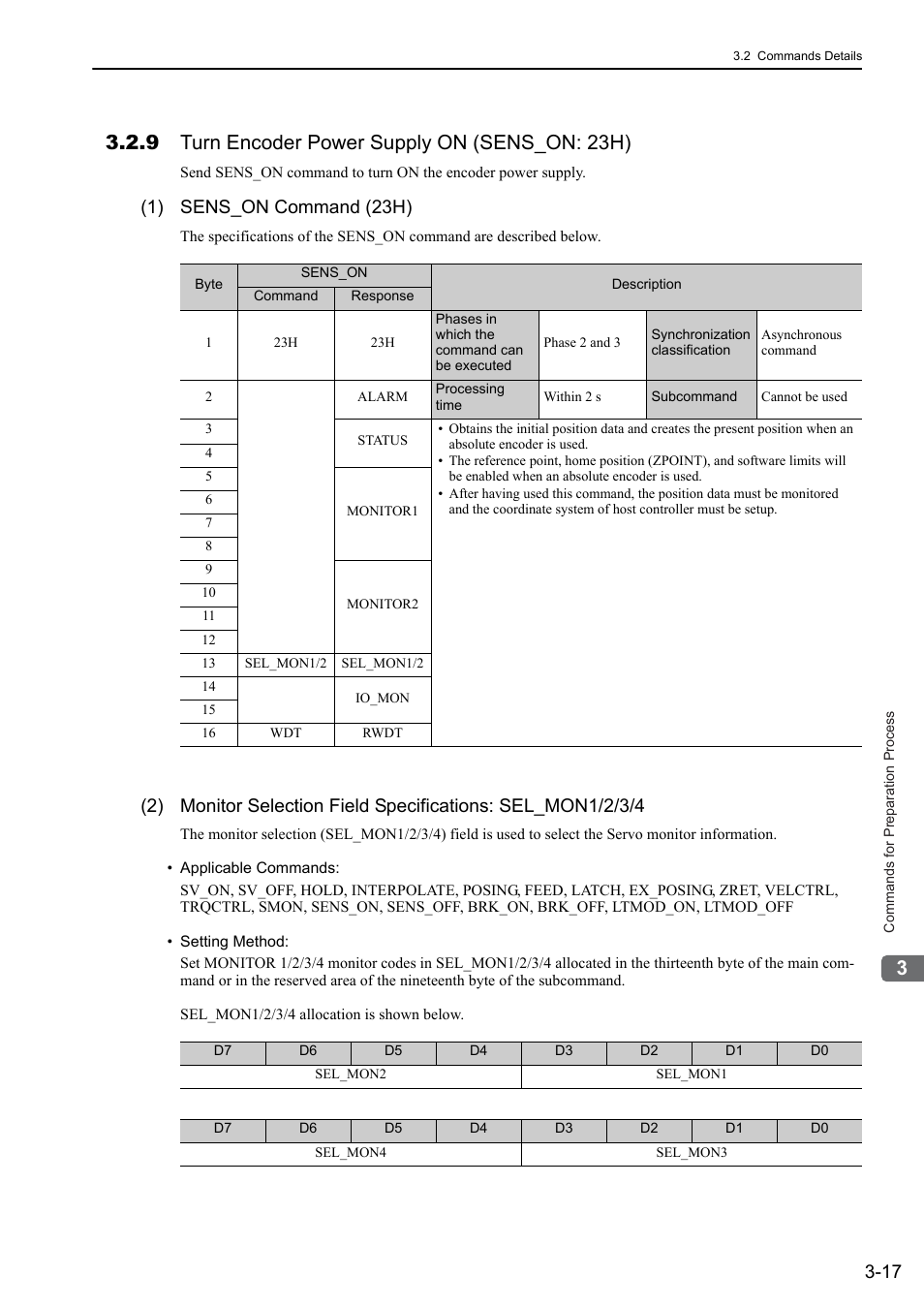 9 turn encoder power supply on (sens_on: 23h), 9 turn encoder power supply on (sens_on: 23h) -17, 1) sens_on command (23h) | Yaskawa Sigma-5 User Manual: MECHATROLINK-II Commands User Manual | Page 48 / 142
