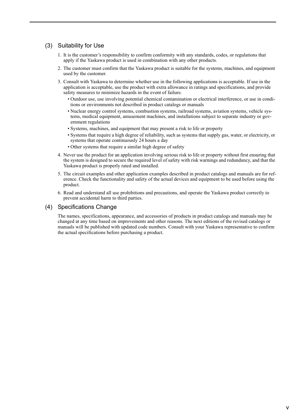 V(3) suitability for use, 4) specifications change | Yaskawa Sigma-5 User Manual: MECHATROLINK-II Commands User Manual | Page 5 / 142