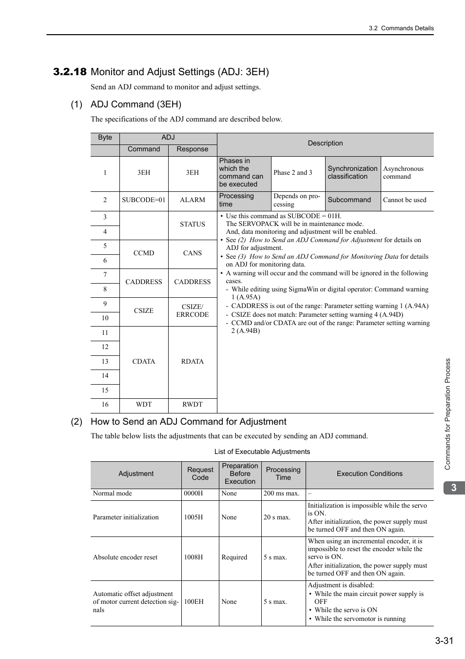 18 monitor and adjust settings (adj: 3eh), 18 monitor and adjust settings (adj: 3eh) -31, 1) adj command (3eh) | 2) how to send an adj command for adjustment | Yaskawa Sigma-5 User Manual: MECHATROLINK-II Commands User Manual | Page 62 / 142