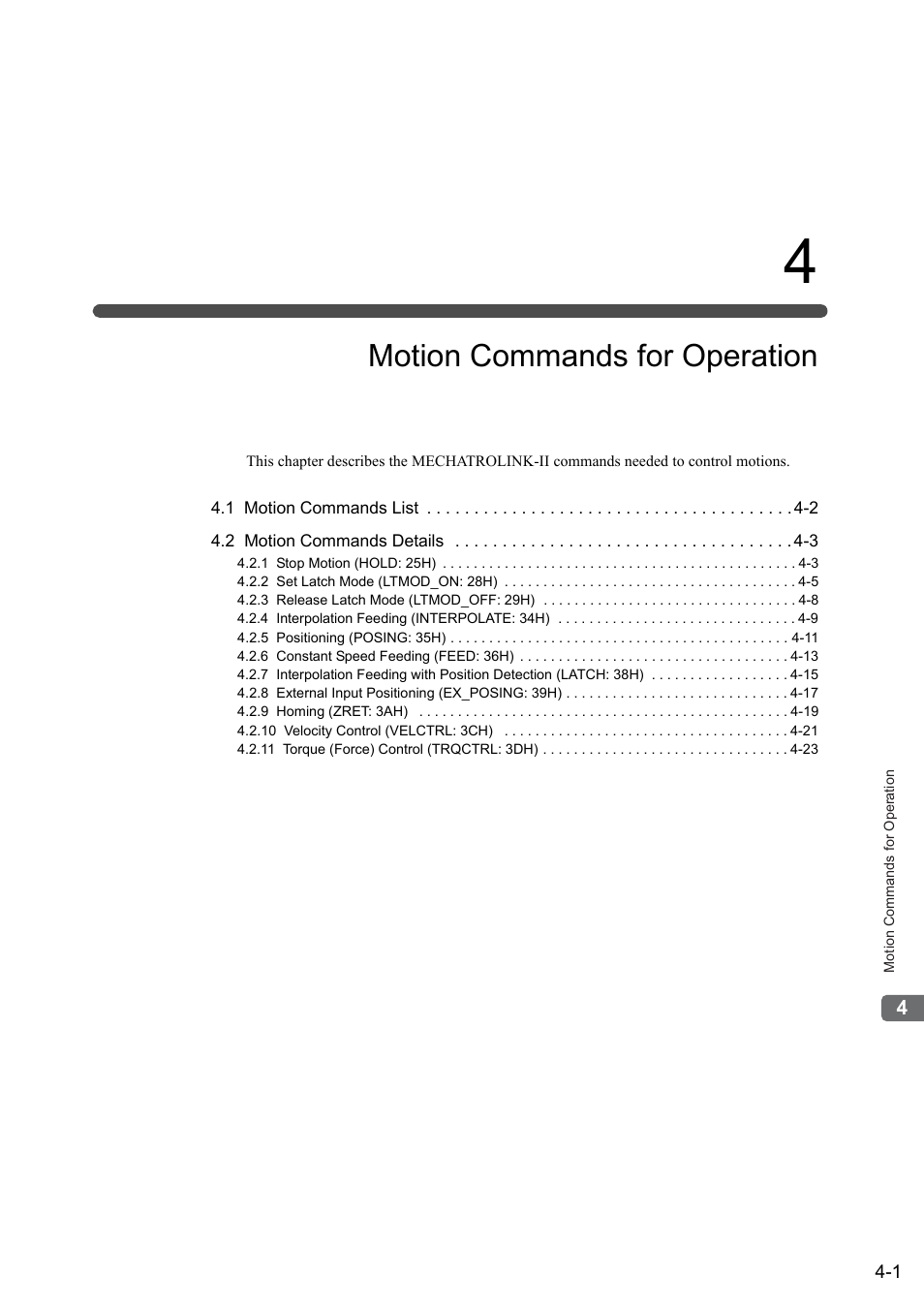 4 motion commands for operation, Chapter 4 motion commands for operation -1, Motion commands for operation | Yaskawa Sigma-5 User Manual: MECHATROLINK-II Commands User Manual | Page 66 / 142