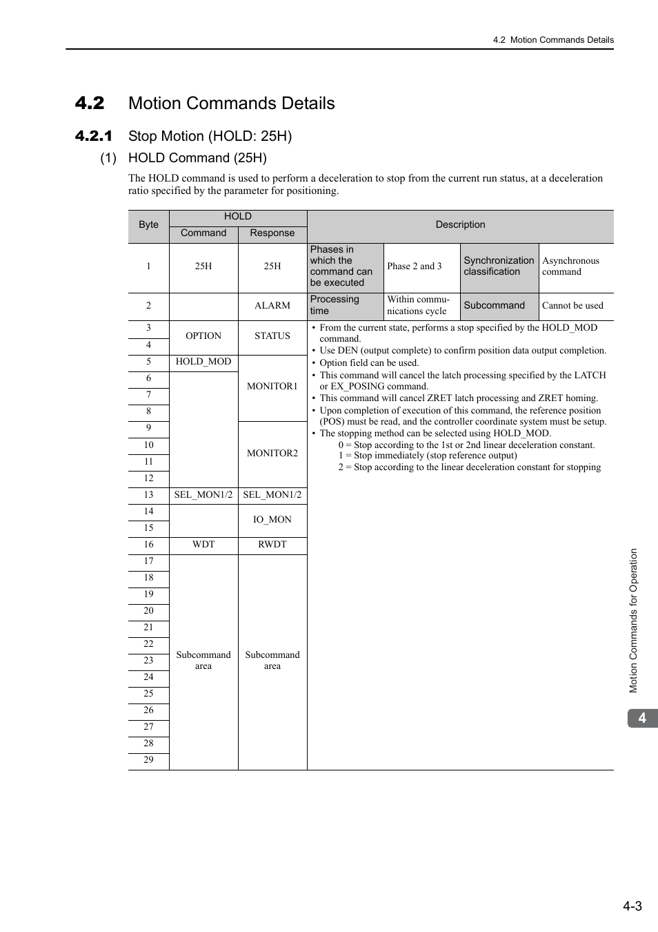 2 motion commands details, 1 stop motion (hold: 25h), 2 motion commands details -3 | 1 stop motion (hold: 25h) -3, 1) hold command (25h) | Yaskawa Sigma-5 User Manual: MECHATROLINK-II Commands User Manual | Page 68 / 142