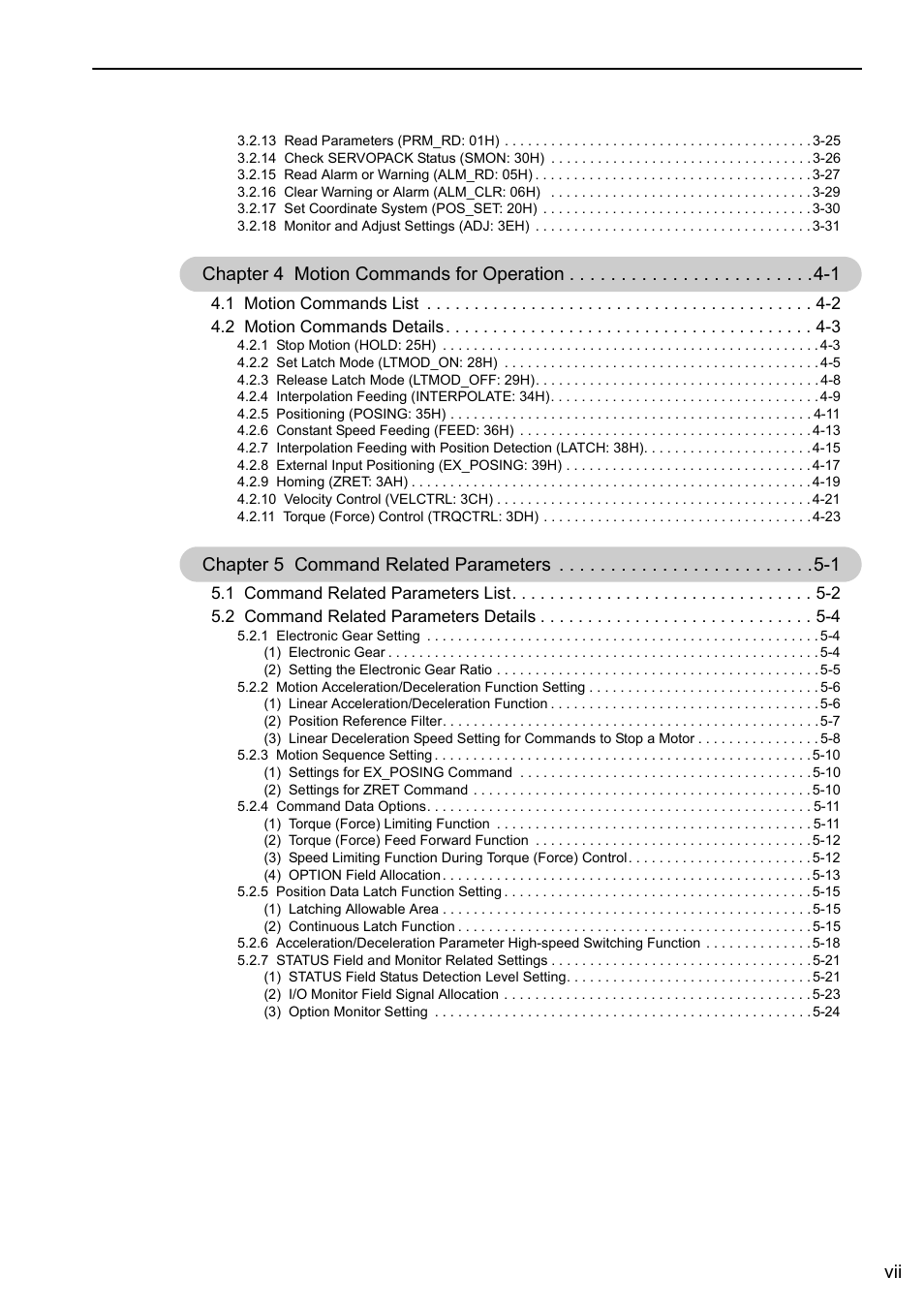 Chapter 4 motion commands for operation -1, Chapter 5 command related parameters -1 | Yaskawa Sigma-5 User Manual: MECHATROLINK-II Commands User Manual | Page 7 / 142