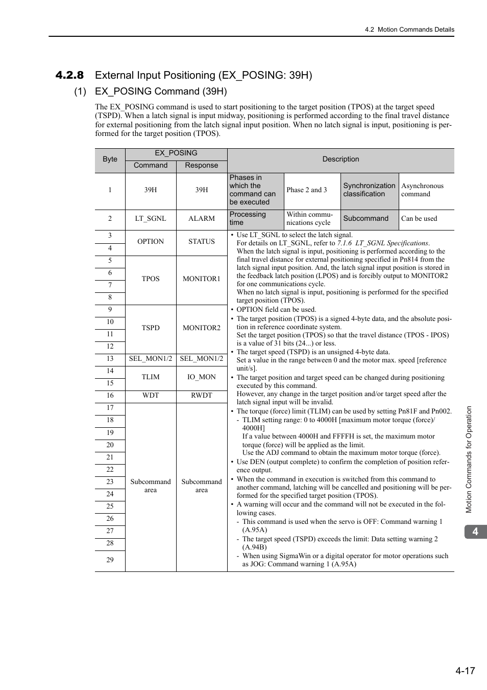 8 external input positioning (ex_posing: 39h), 8 external input positioning (ex_posing: 39h) -17, 1) ex_posing command (39h) | Yaskawa Sigma-5 User Manual: MECHATROLINK-II Commands User Manual | Page 82 / 142