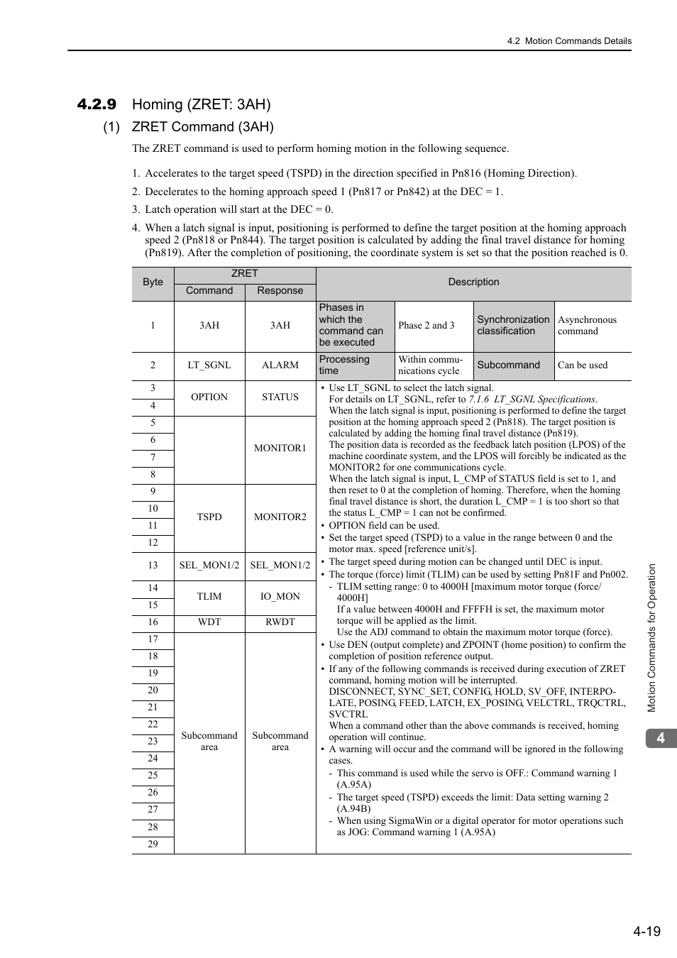 9 homing (zret: 3ah), 9 homing (zret: 3ah) -19, 1) zret command (3ah) | Yaskawa Sigma-5 User Manual: MECHATROLINK-II Commands User Manual | Page 84 / 142