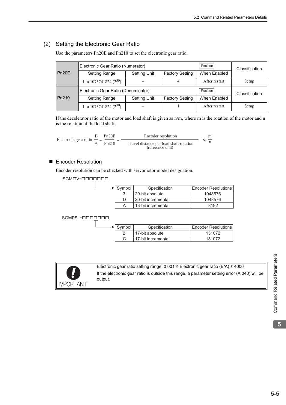 2) setting the electronic gear ratio, 2) setting the electronic gear ratio -5 | Yaskawa Sigma-5 User Manual: MECHATROLINK-II Commands User Manual | Page 94 / 142