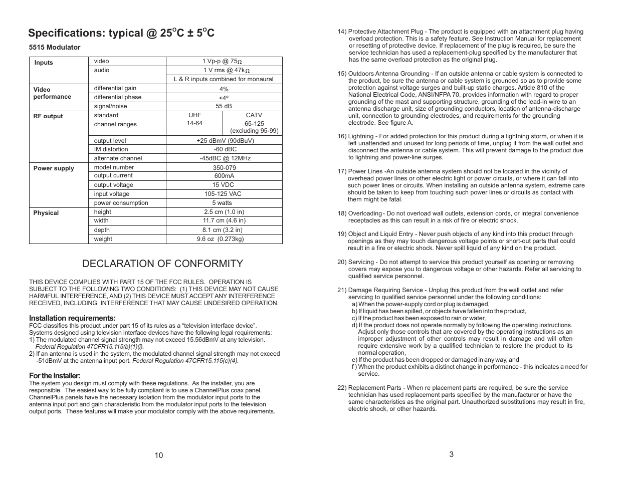 Specifications: typical @ 25 c ± 5 c, Declaration of conformity | Channel Plus 5515 User Manual | Page 3 / 6