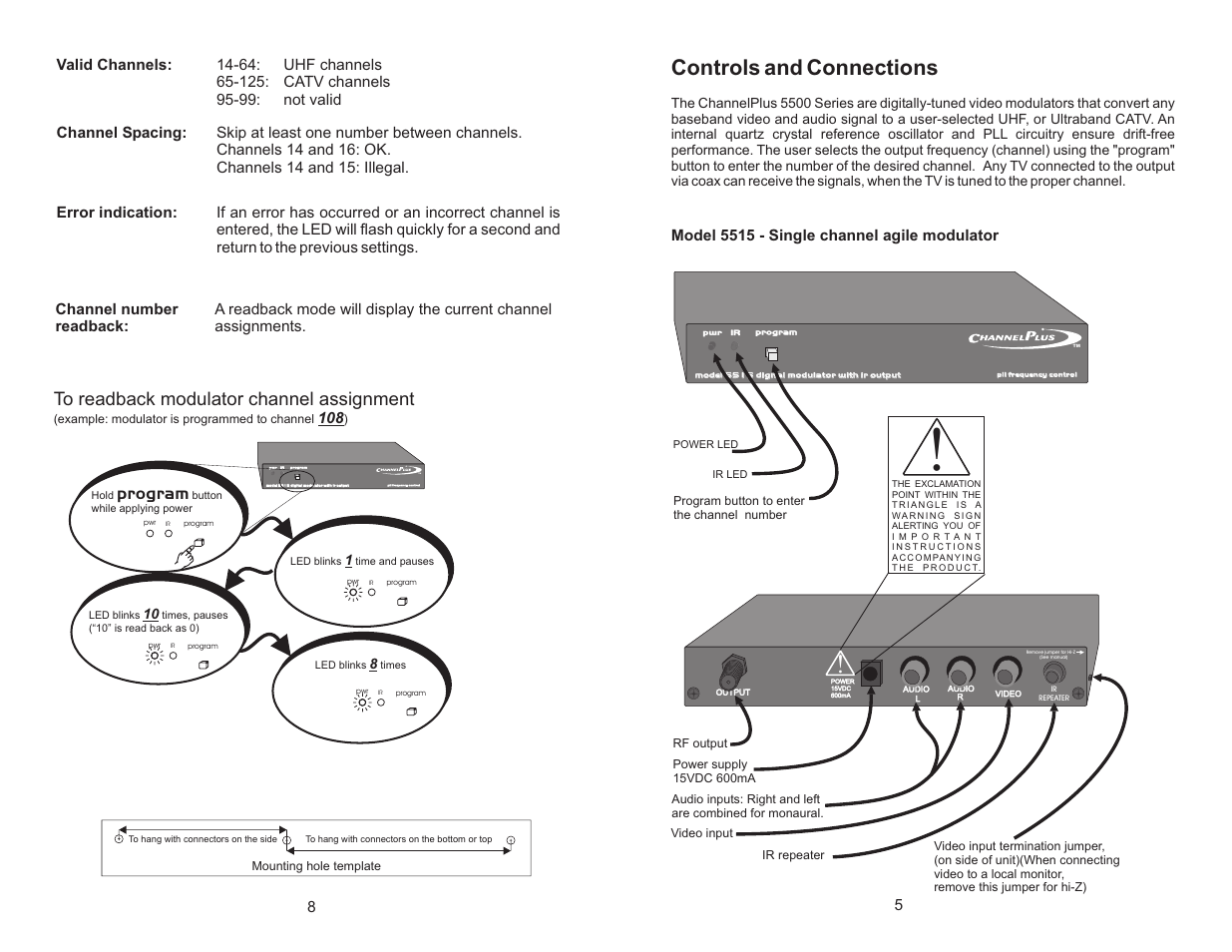Controls and connections, Pll frequency control, Program | Model 5515 - single channel agile modulator | Channel Plus 5515 User Manual | Page 5 / 6