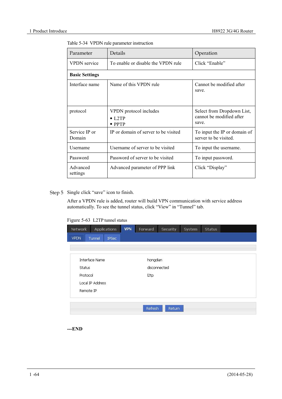 Table 5-34 vpdn rule parameter instruction, Figure 5-63 l2tp tunnel status | Hongdian H8922 Dual SIM Single Module User Manual | Page 100 / 145