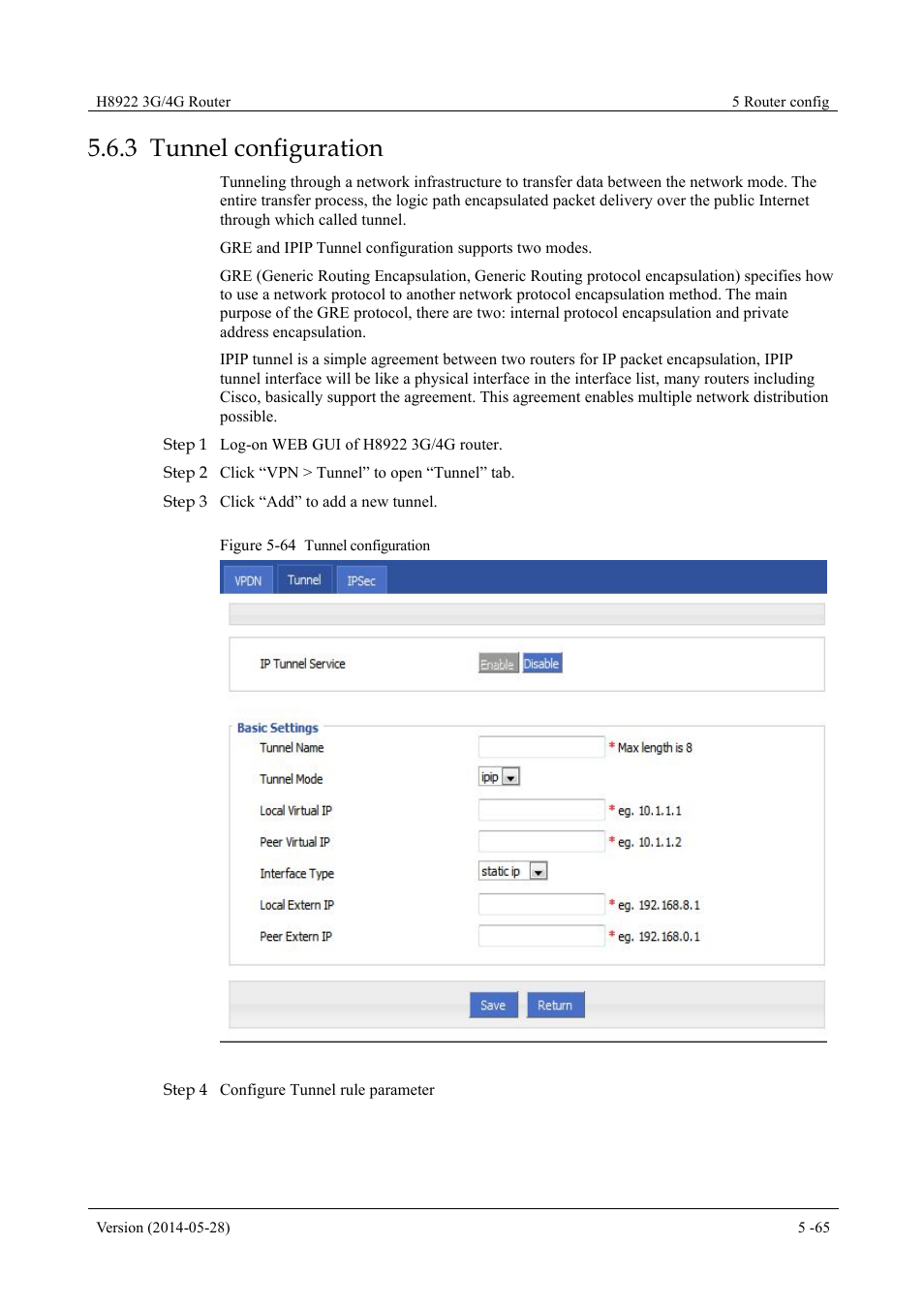 Tunnelconfiguration, 3 tunnel configuration, Figure 5-64 tunnel configuration | Hongdian H8922 Dual SIM Single Module User Manual | Page 101 / 145