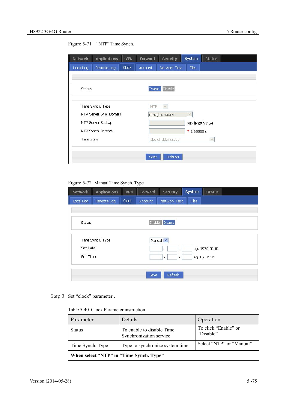 Table 5-40 clock parameter instruction, Figure 5-71 “ntp” time synch, Figure 5-72 manual time synch. type | Hongdian H8922 Dual SIM Single Module User Manual | Page 111 / 145