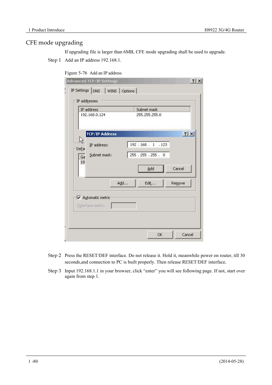 Figure 5-76 add an ip address, Cfe mode upgrading | Hongdian H8922 Dual SIM Single Module User Manual | Page 116 / 145