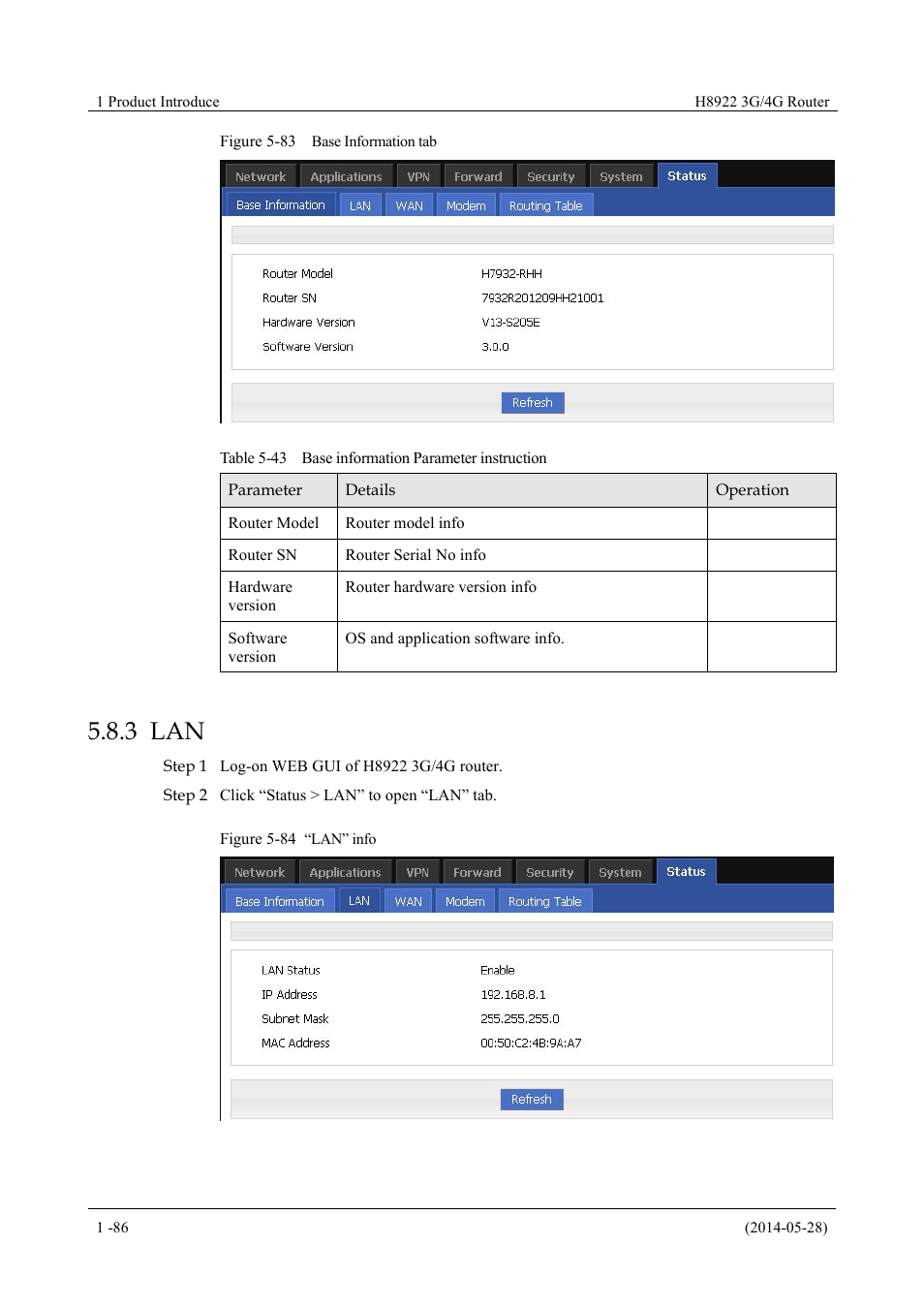 3 lan, Table 5-43 base information parameter instruction, Figure 5-83 base information tab | Figure 5-84 “lan” info | Hongdian H8922 Dual SIM Single Module User Manual | Page 122 / 145