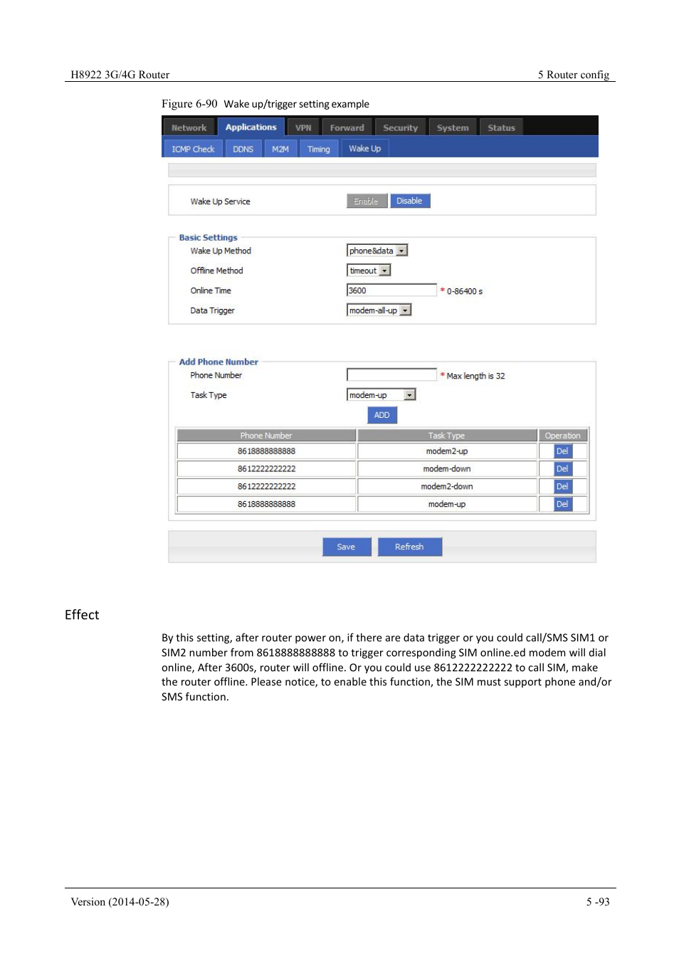 Figure 6-90 wake up/trigger setting example, Effect | Hongdian H8922 Dual SIM Single Module User Manual | Page 129 / 145