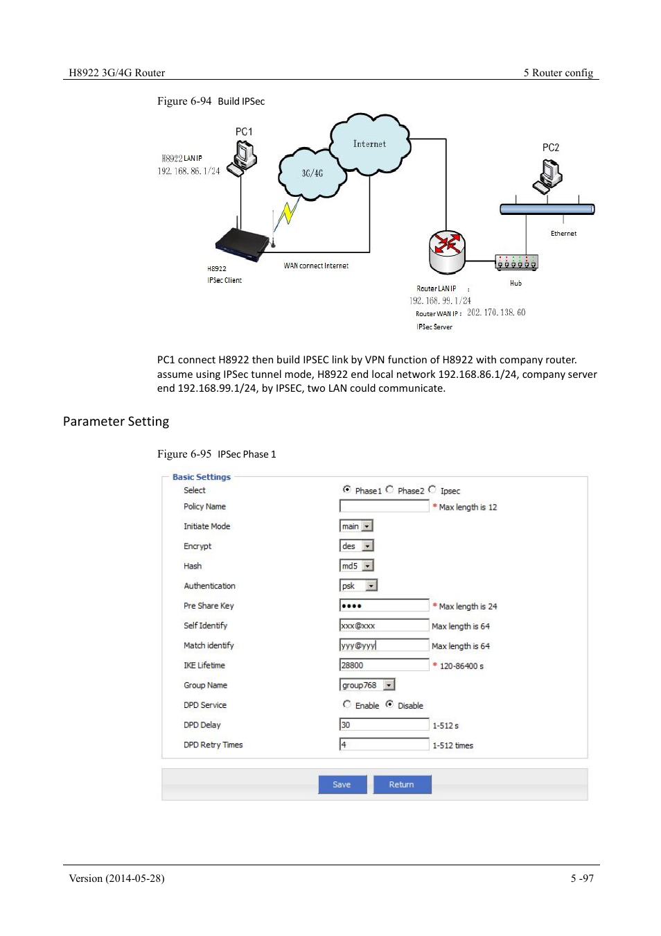 Figure 6-94 build ipsec, Figure 6-95 ipsec phase 1, Parameter setting | Hongdian H8922 Dual SIM Single Module User Manual | Page 133 / 145