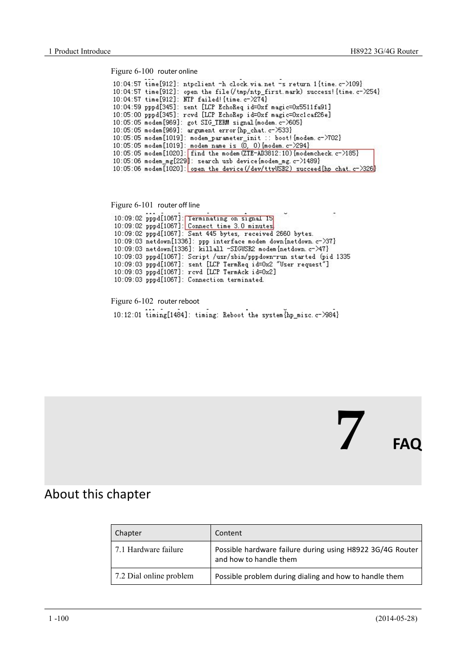 7 faq, Figure 6-100 router online, Figure 6-101 router off line | Figure 6-102 router reboot, About this chapter | Hongdian H8922 Dual SIM Single Module User Manual | Page 136 / 145