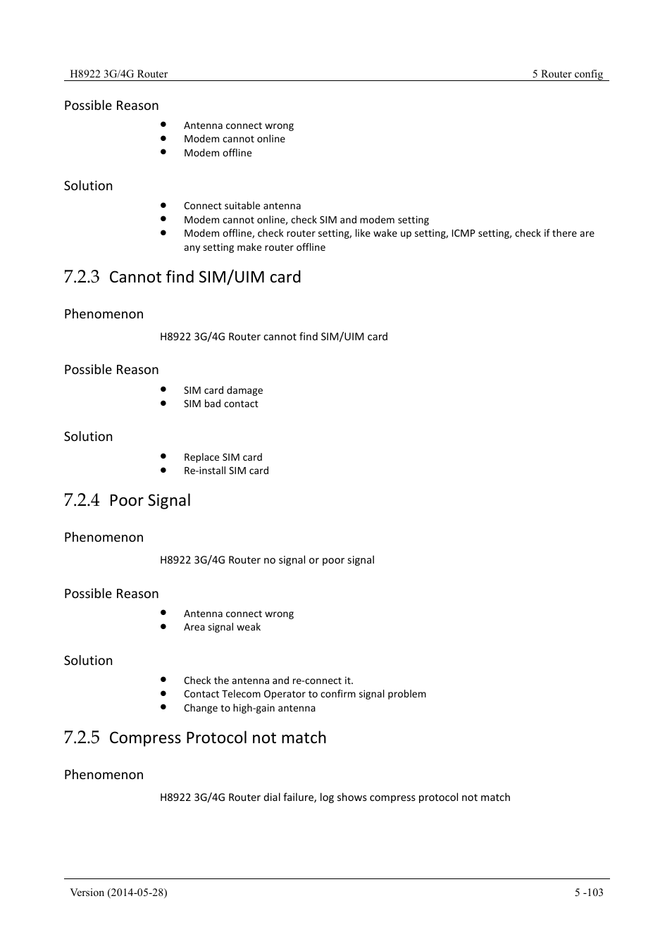 Cannotfindsim/uimcard, Poorsignal, Compressprotocolnotmatch | 3 cannot find sim/uim card, 4 poor signal, 5 compress protocol not match, Possible reason, Solution, Phenomenon | Hongdian H8922 Dual SIM Single Module User Manual | Page 139 / 145
