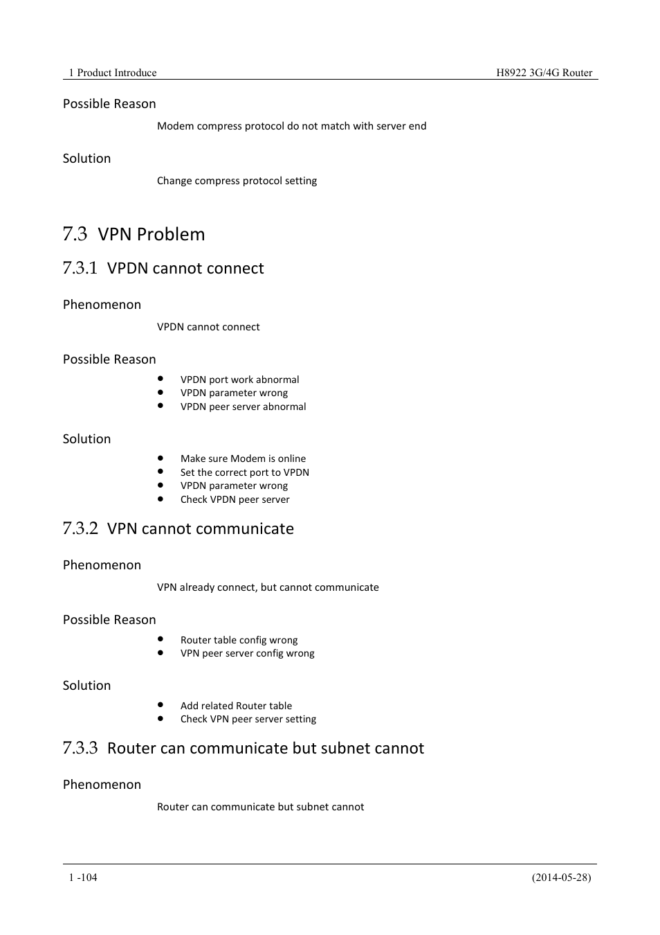 Vpnproblem, Vpdncannotconnect, Vpncannotcommunicate | Routercancommunicatebutsubnetcannot, 3 vpn problem, 1 vpdn cannot connect, 2 vpn cannot communicate, 3 router can communicate but subnet cannot, Possible reason, Solution | Hongdian H8922 Dual SIM Single Module User Manual | Page 140 / 145