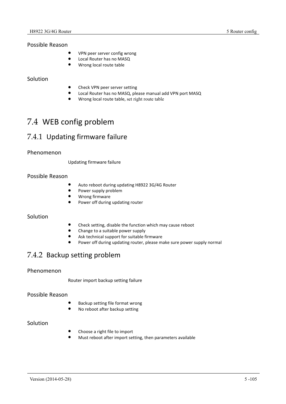 Webconfigproblem, Updatingfirmwarefailure, Backupsettingproblem | 4 web config problem, 1 updating firmware failure, 2 backup setting problem, Possible reason, Solution, Phenomenon | Hongdian H8922 Dual SIM Single Module User Manual | Page 141 / 145