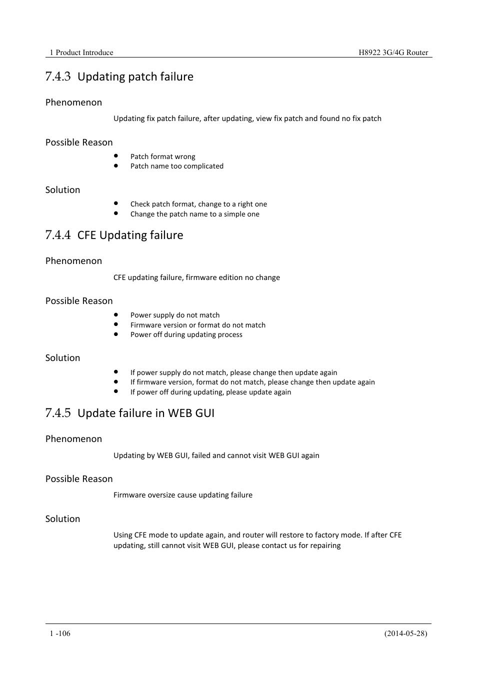 Updatingpatchfailure, Cfeupdatingfailure, Updatefailureinwebgui | 3 updating patch failure, 4 cfe updating failure, 5 update failure in web gui, Phenomenon, Possible reason, Solution | Hongdian H8922 Dual SIM Single Module User Manual | Page 142 / 145