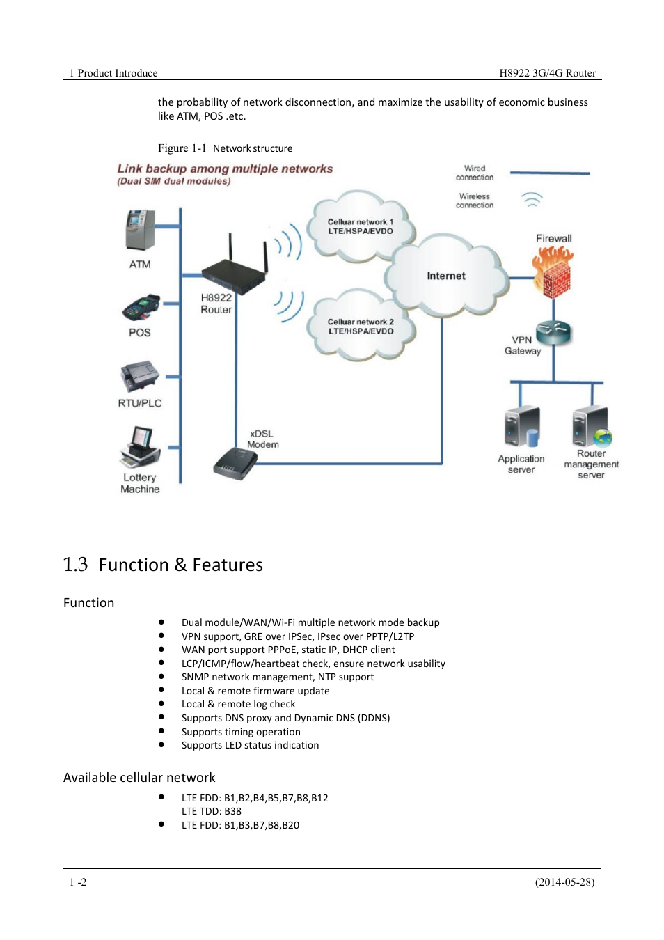 Function&features, 3 function & features, Figure 1-1 network structure | Function, Available cellular network | Hongdian H8922 Dual SIM Single Module User Manual | Page 18 / 145